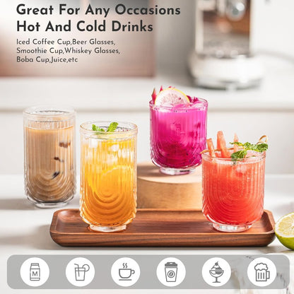 Vintage Glassware Arch Design Glass cups Set of 4 Fashioned Ripple Glassware Highball Glass Classic Transparent Cocktail Glasses for Bar Beverages Ice Coffee Juice Water 4pcs-L