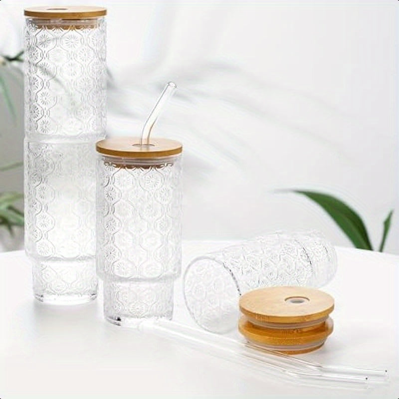 4 Pack Drinking Glass Cups with Bamboo Lid and Straw 12 OZ Vintage Stackable Highball Water Cup Skinny Tall Collins Tumbler Embossed Beverage Glassware for Iced Coffee Tea Mojito Juice Soda