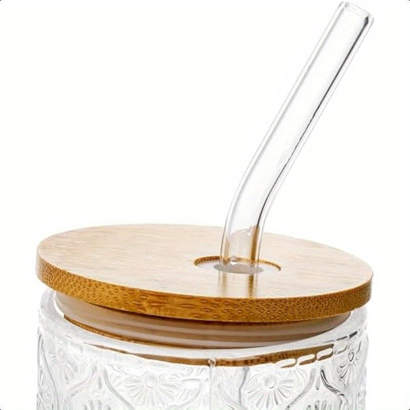 4 Pack Drinking Glass Cups with Bamboo Lid and Straw 12 OZ Vintage Stackable Highball Water Cup Skinny Tall Collins Tumbler Embossed Beverage Glassware for Iced Coffee Tea Mojito Juice Soda