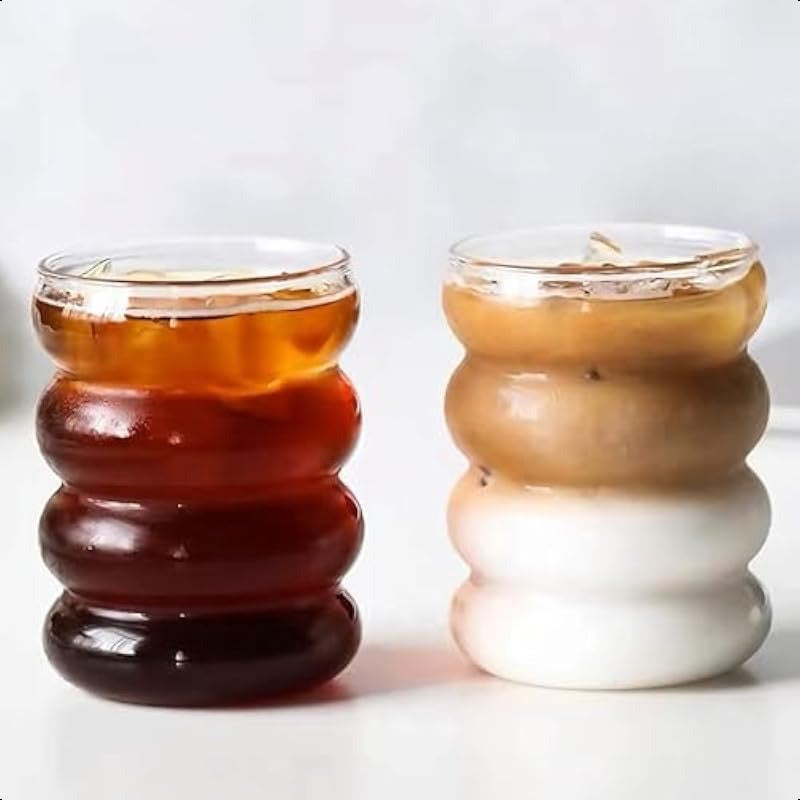 2pcs Drinking Glasses with Glass Straw 14oz Glassware SetCocktail Glasses Iced Coffee Glasses Beer Glasses Ideal for Water Soda Tea Gift with Cleaning Brushe