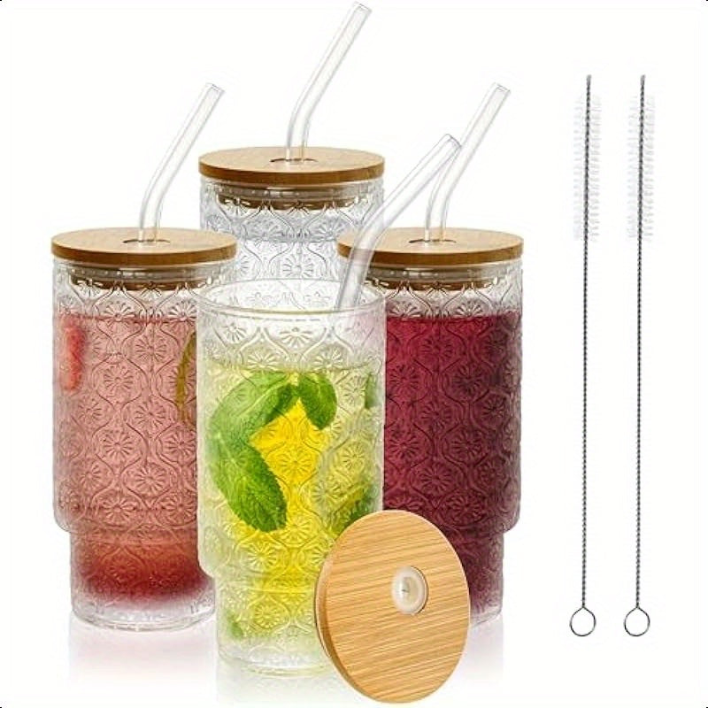 4 Pack Drinking Glass Cups with Bamboo Lid and Straw 12 OZ Vintage Stackable Highball Water Cup Skinny Tall Collins Tumbler Embossed Beverage Glassware for Iced Coffee Tea Mojito Juice Soda