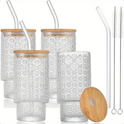 4 Pack Drinking Glass Cups with Bamboo Lid and Straw 12 OZ Vintage Stackable Highball Water Cup Skinny Tall Collins Tumbler Embossed Beverage Glassware for Iced Coffee Tea Mojito Juice Soda
