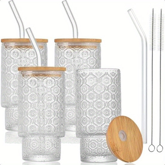 4 Pack Drinking Glass Cups with Bamboo Lid and Straw 12 OZ Vintage Stackable Highball Water Cup Skinny Tall Collins Tumbler Embossed Beverage Glassware for Iced Coffee Tea Mojito Juice Soda
