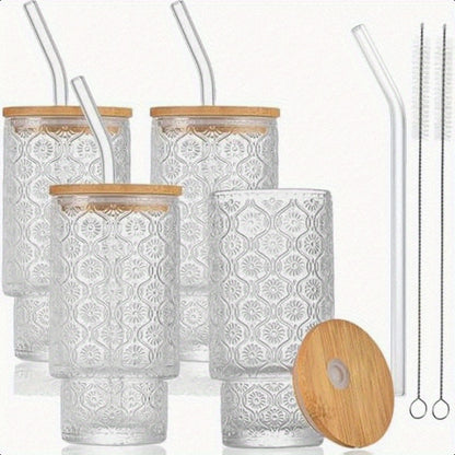 4 Pack Drinking Glass Cups with Bamboo Lid and Straw 12 OZ Vintage Stackable Highball Water Cup Skinny Tall Collins Tumbler Embossed Beverage Glassware for Iced Coffee Tea Mojito Juice Soda
