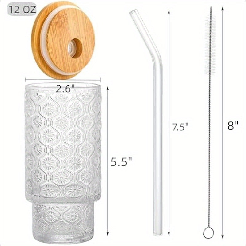 4 Pack Drinking Glass Cups with Bamboo Lid and Straw 12 OZ Vintage Stackable Highball Water Cup Skinny Tall Collins Tumbler Embossed Beverage Glassware for Iced Coffee Tea Mojito Juice Soda