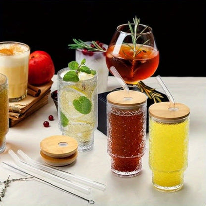 4 Pack Drinking Glass Cups with Bamboo Lid and Straw 12 OZ Vintage Stackable Highball Water Cup Skinny Tall Collins Tumbler Embossed Beverage Glassware for Iced Coffee Tea Mojito Juice Soda