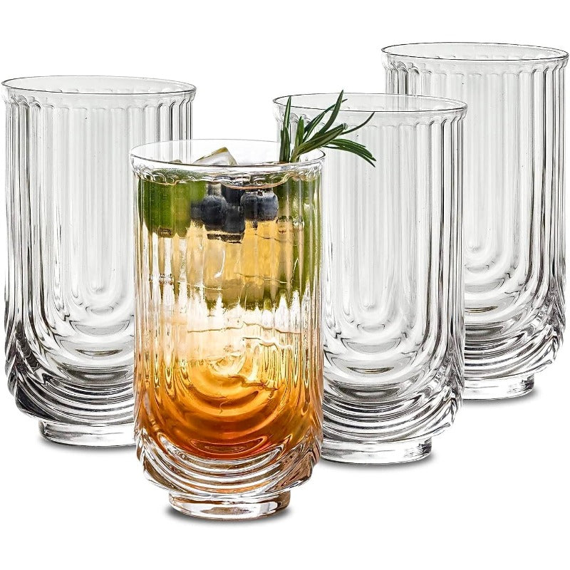Vintage Glassware Arch Design Glass cups Set of 4 Fashioned Ripple Glassware Highball Glass Classic Transparent Cocktail Glasses for Bar Beverages Ice Coffee Juice Water 4pcs-L
