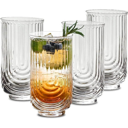 Vintage Glassware Arch Design Glass cups Set of 4 Fashioned Ripple Glassware Highball Glass Classic Transparent Cocktail Glasses for Bar Beverages Ice Coffee Juice Water 4pcs-L