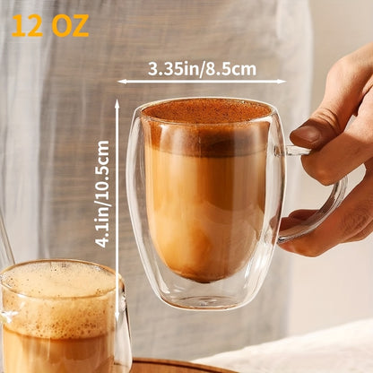 Glass Coffee Mugs 350ml, 12oz Clear Glass Coffee Cups With Handles - Set Of 2 Double Wall Insulated Coffee Mug Tea Latte Espresso Cups