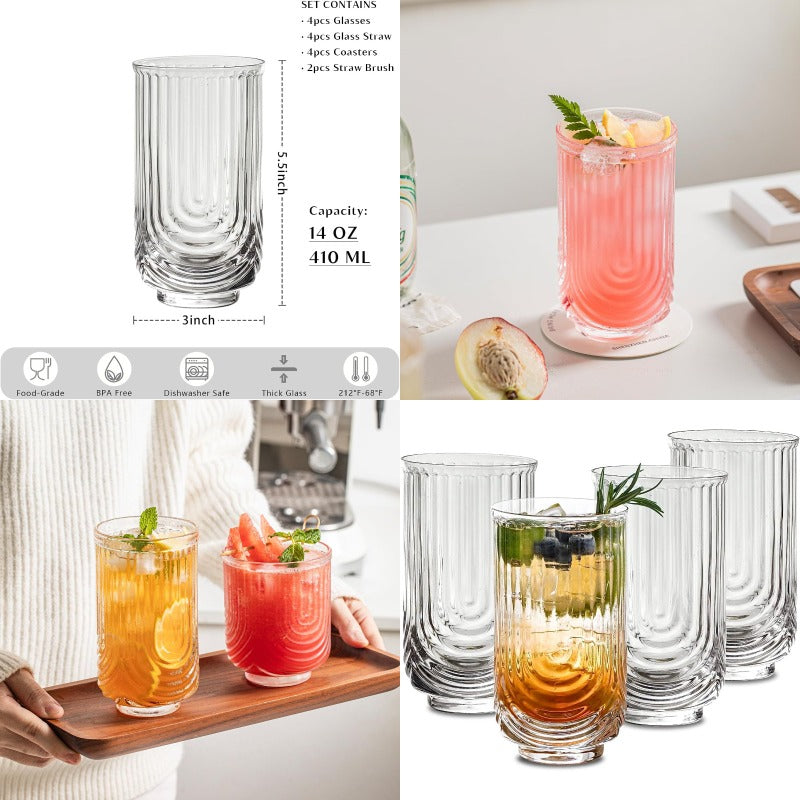 Vintage Glassware Arch Design Glass cups Set of 4 Fashioned Ripple Glassware Highball Glass Classic Transparent Cocktail Glasses for Bar Beverages Ice Coffee Juice Water 4pcs-L