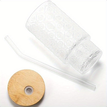 4 Pack Drinking Glass Cups with Bamboo Lid and Straw 12 OZ Vintage Stackable Highball Water Cup Skinny Tall Collins Tumbler Embossed Beverage Glassware for Iced Coffee Tea Mojito Juice Soda